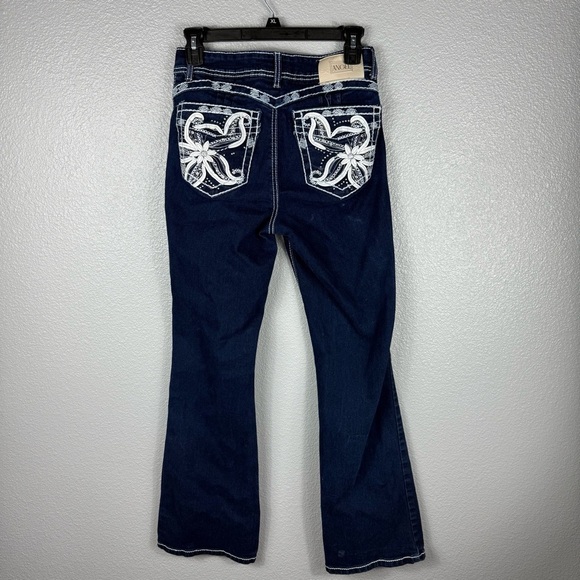Angel Dark Wash Embroidered Pockets Womens Jeans Zipper Pull On Flare Boot Cut - Picture 7 of 10
